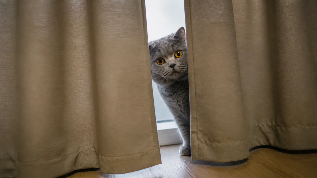 A British shorthair peeks through a gap in the curtains.