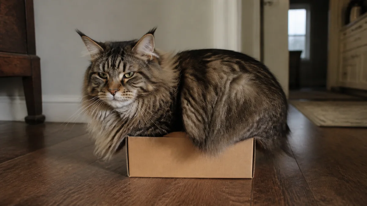 A large Maine Coon squeezes into a very small shoebox.