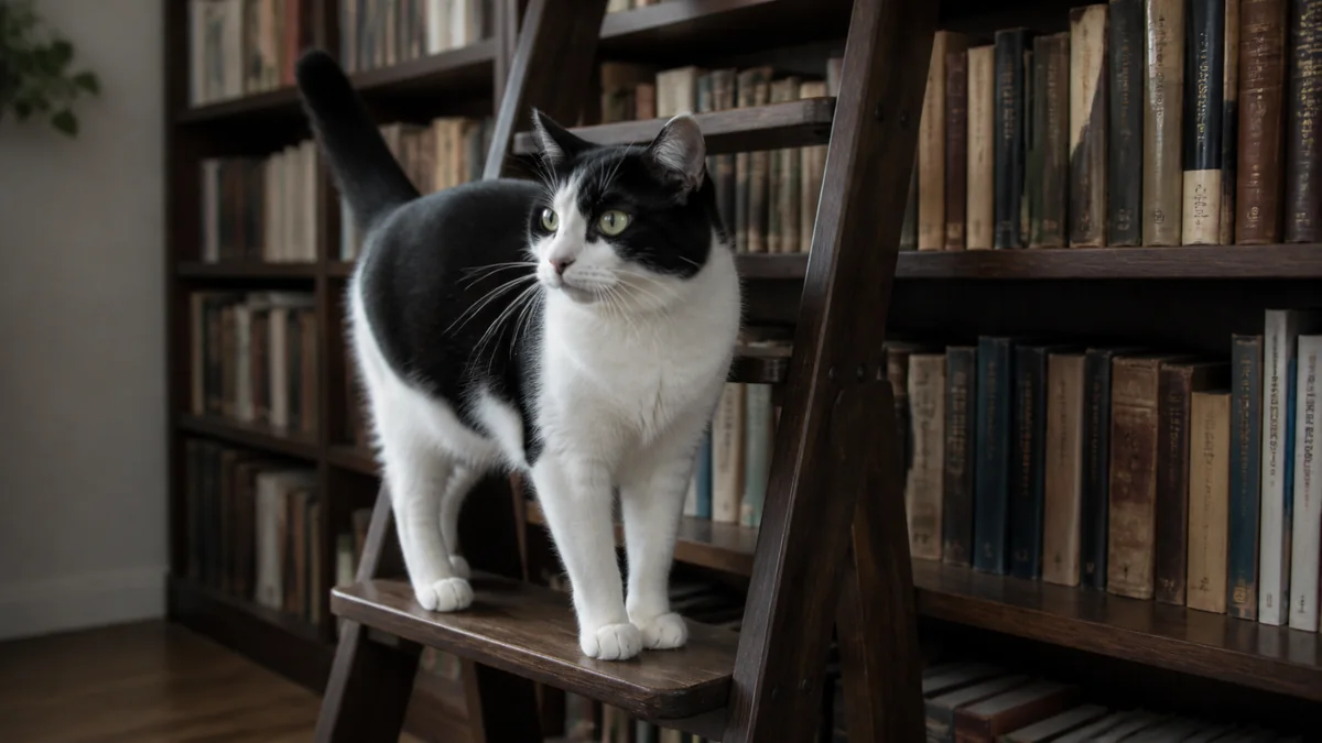 A black-and-white cat stands on the lowest step of a library ladder.
