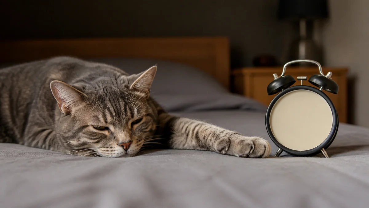 A sleepy gray tabby reaches toward a plain alarm clock.
