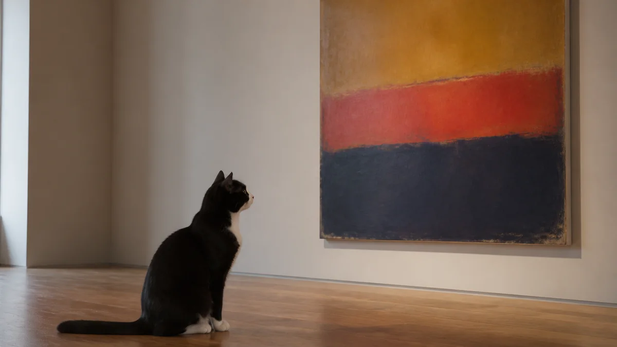A tuxedo cat studies an abstract painting in a quiet gallery-like room.