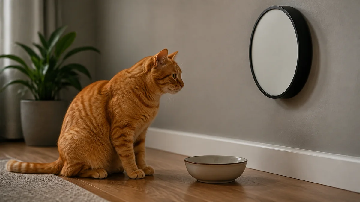 A ginger cat sits beside an empty bowl and looks toward a wall clock.