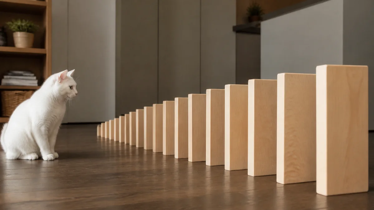 A white cat watches a long line of standing wooden dominoes.