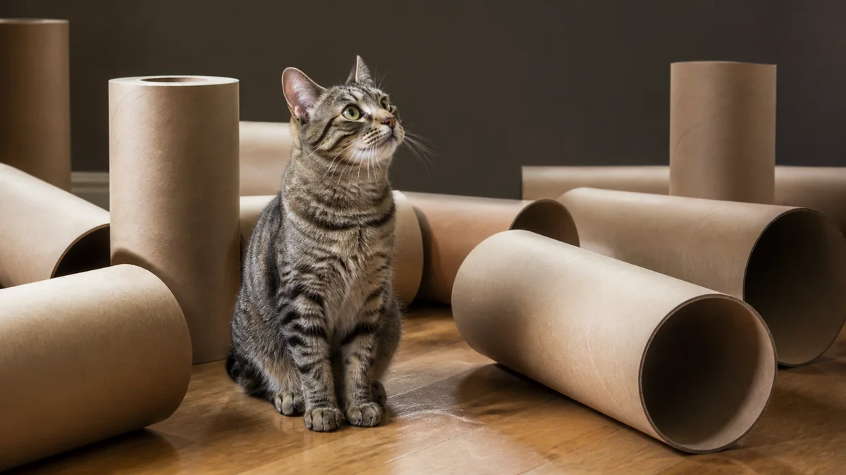 A tabby sits among large empty cardboard tubes.