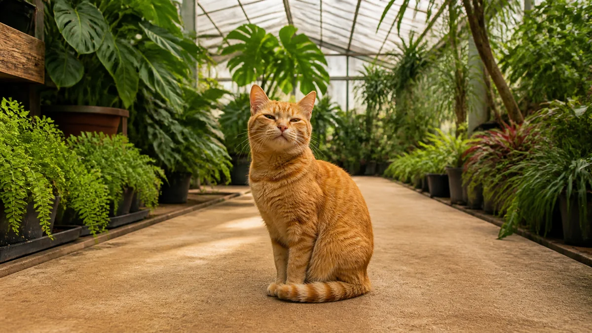 A ginger cat sits on a path inside a lush greenhouse.