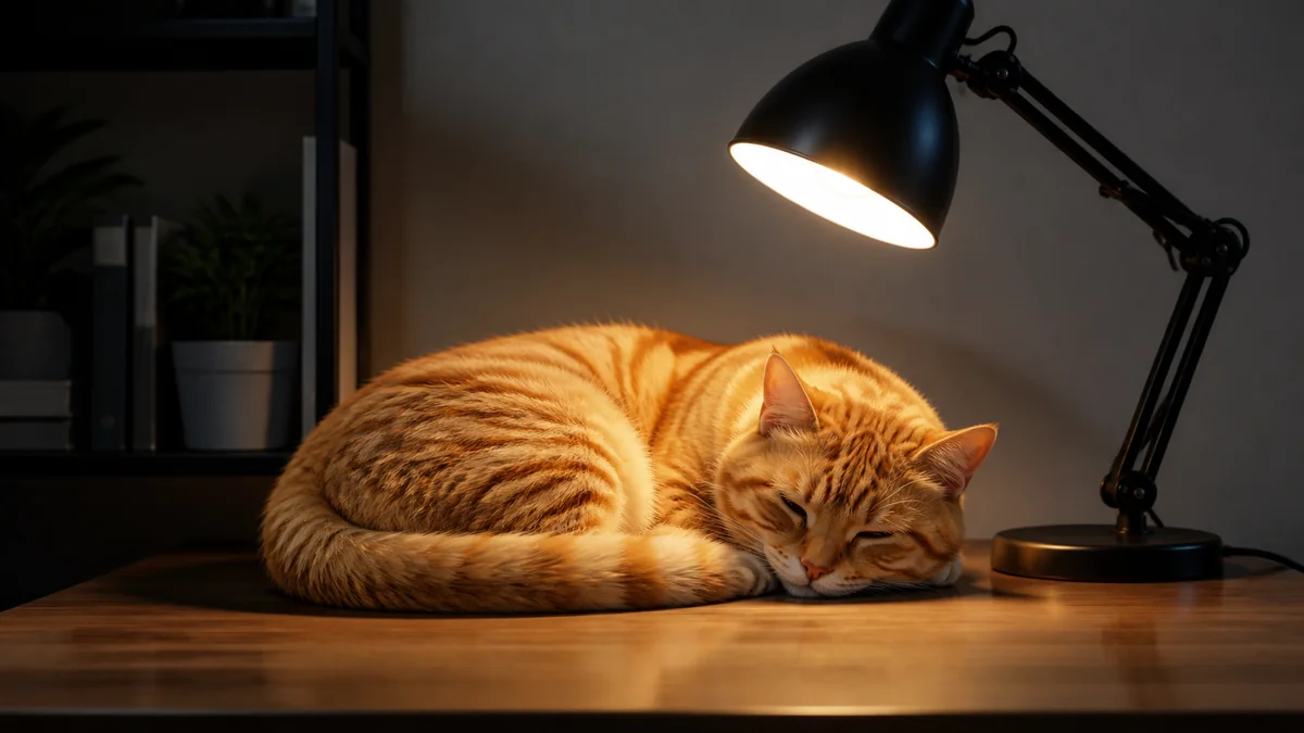 A sleepy ginger cat curls beneath a warm desk lamp.
