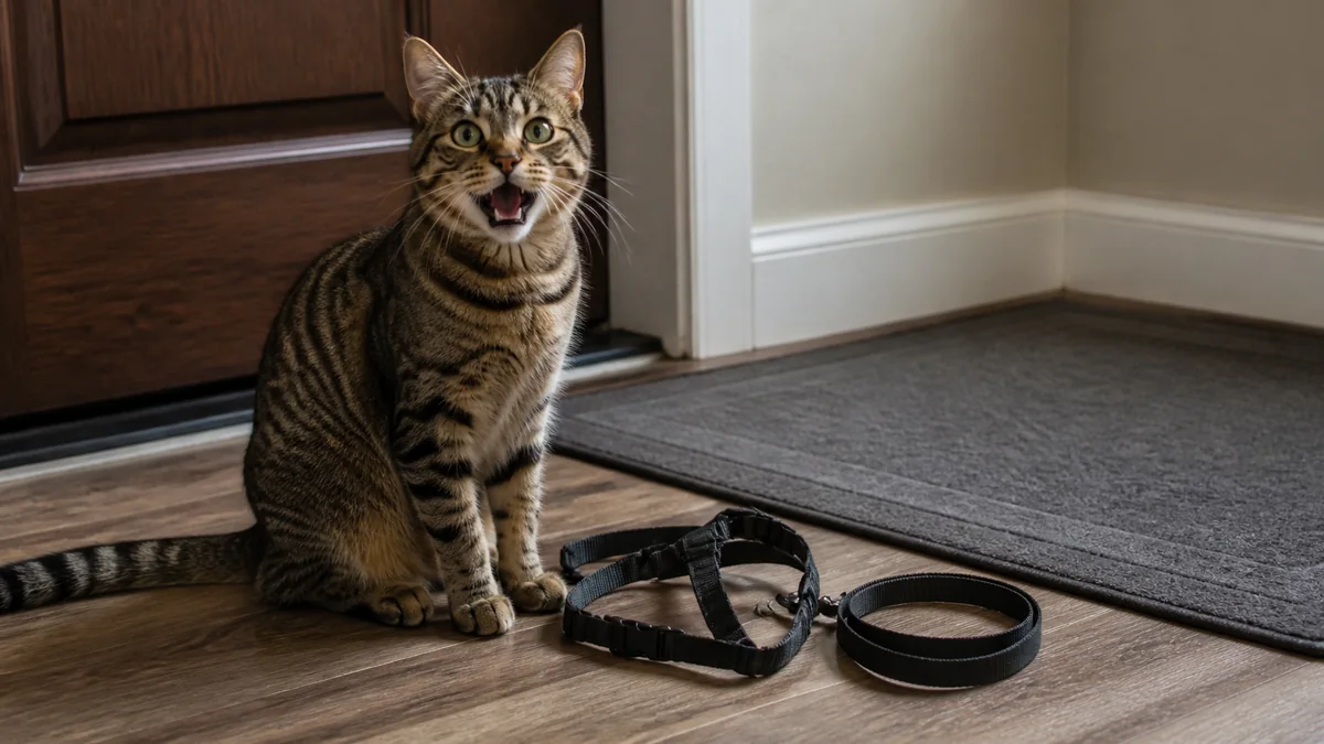 An eager tabby waits beside a walking harness near the front door.