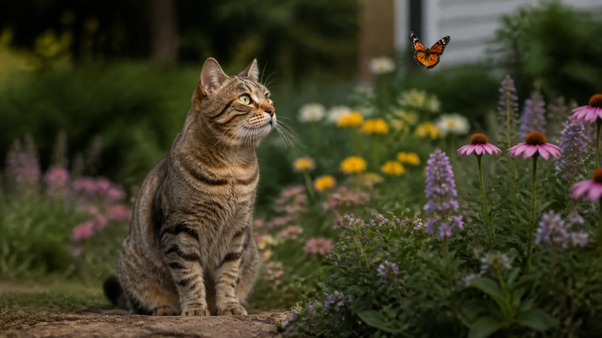 A tabby watches a butterfly in a flower garden.