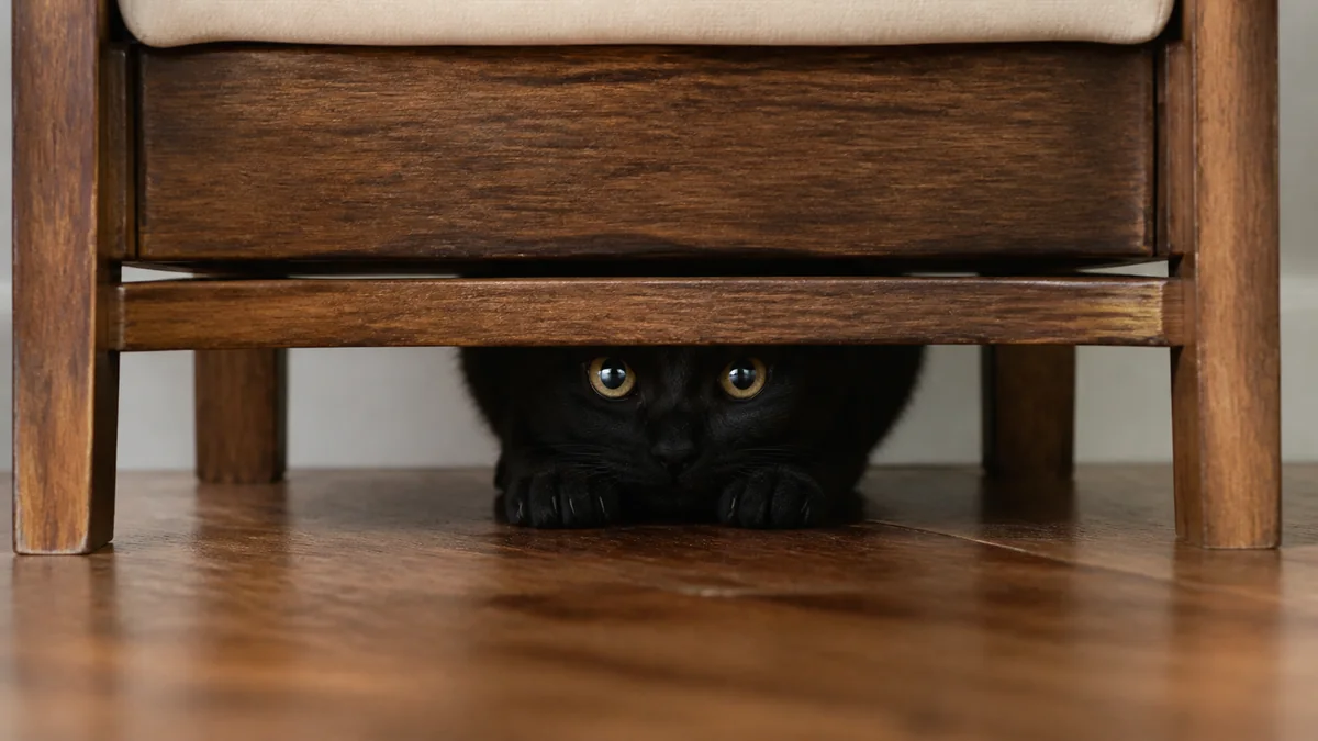 A black kitten peers from beneath a dining chair.