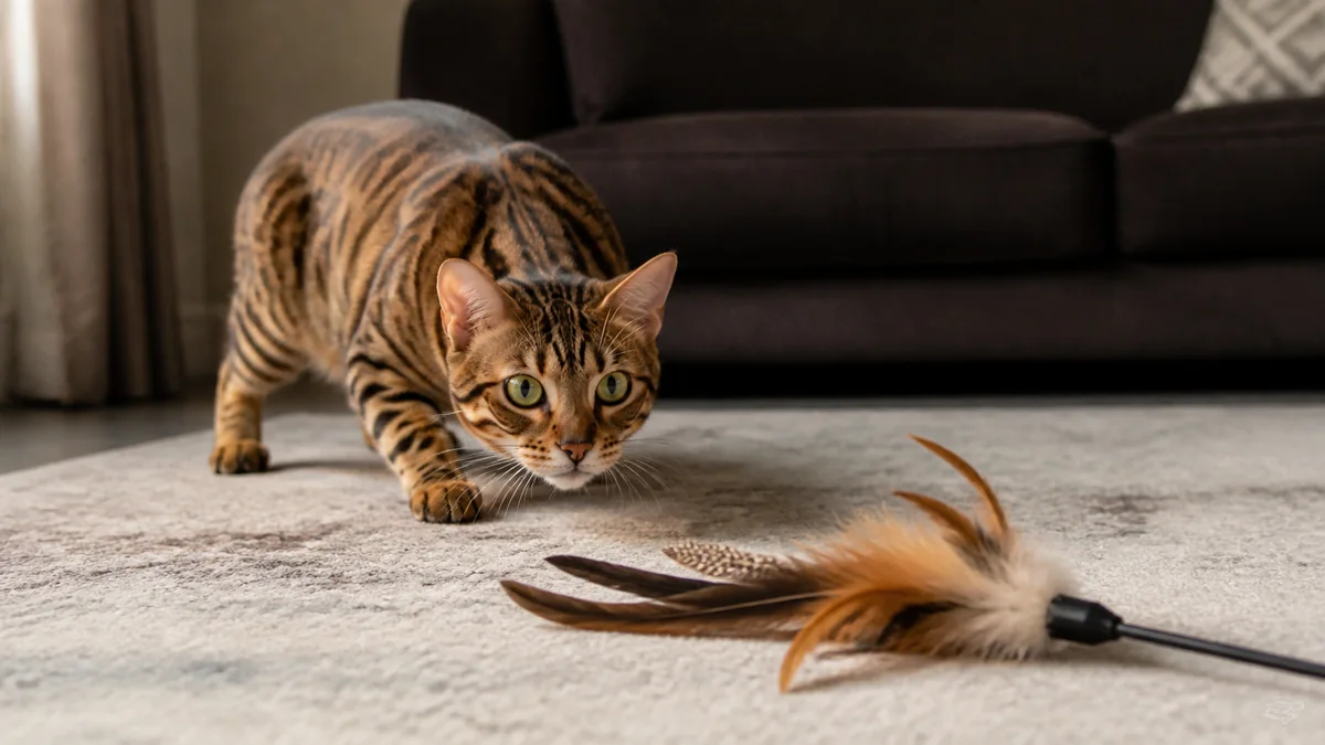 A Bengal cat stalks a feather toy lying on the floor.