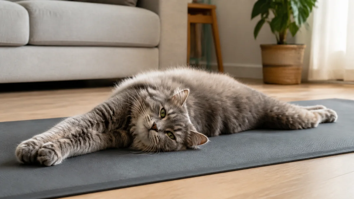 A fluffy gray cat stretches across an exercise mat.