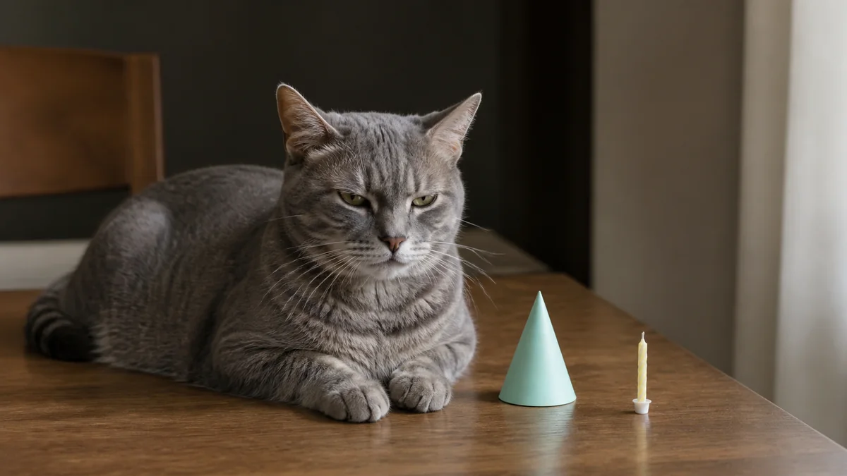 An unimpressed gray cat sits beside a tiny party hat and an unlit candle.