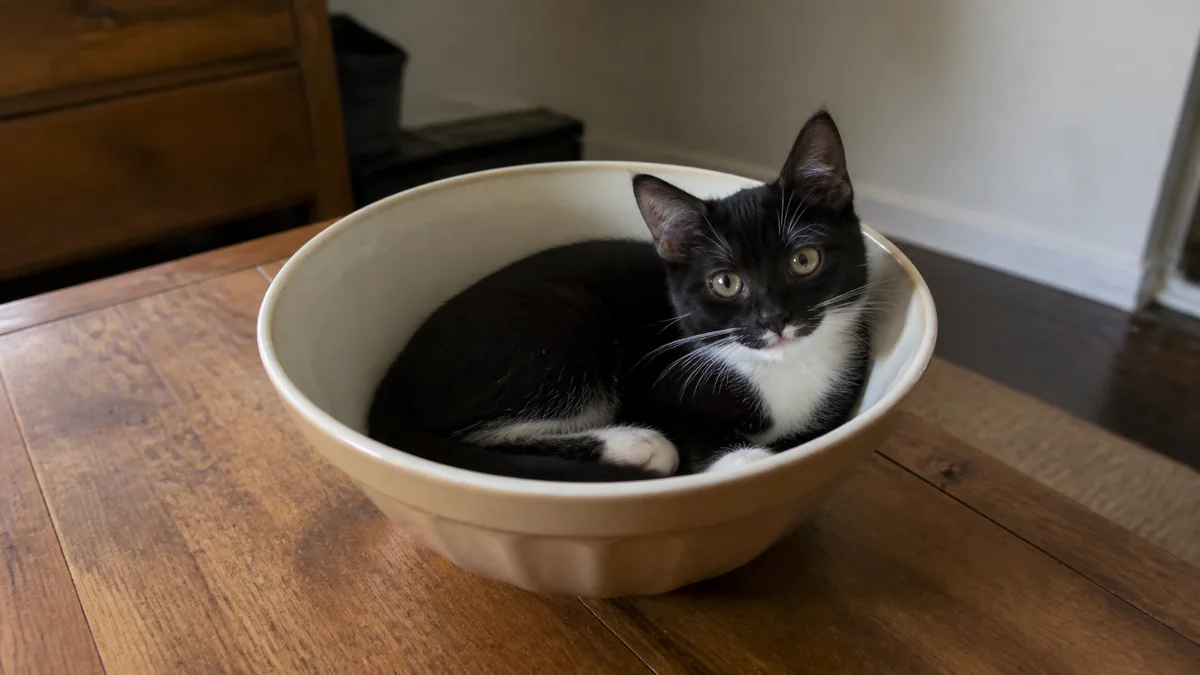 A tuxedo kitten curls inside an empty mixing bowl.