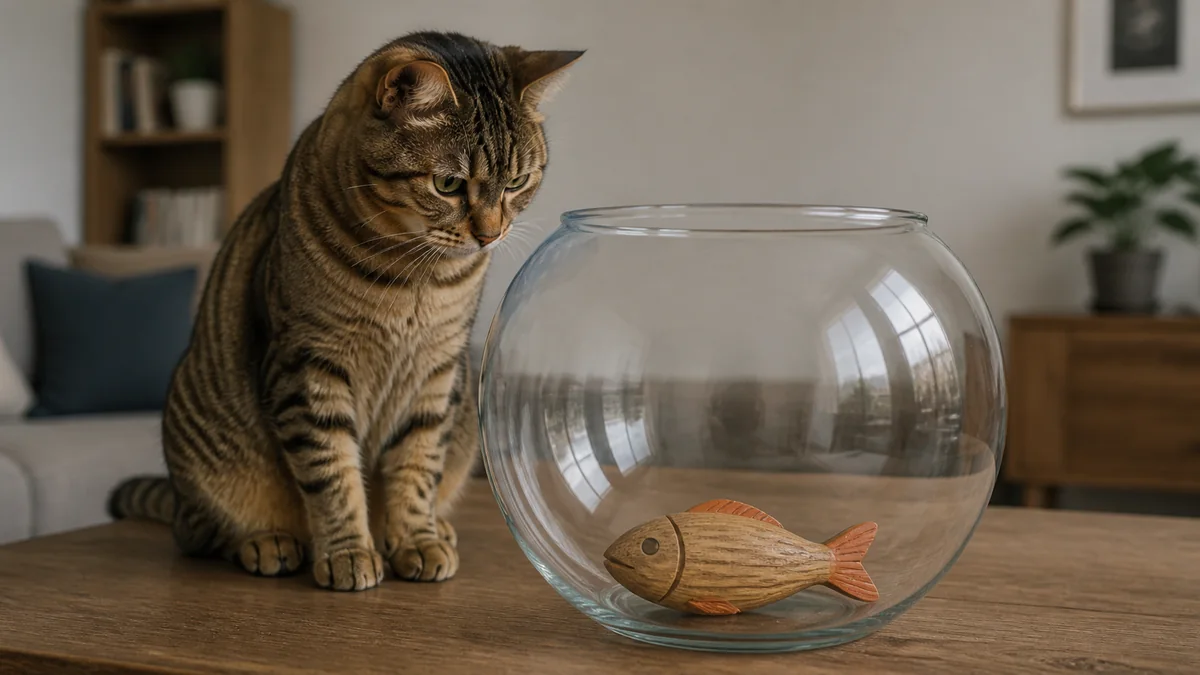 A tabby peers into a glass bowl containing a wooden toy fish.