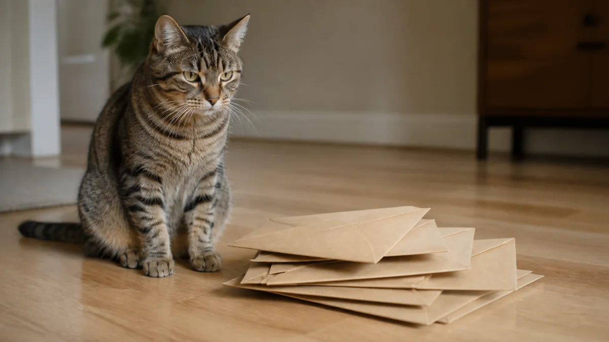 A tabby sits beside a pile of plain sealed envelopes.