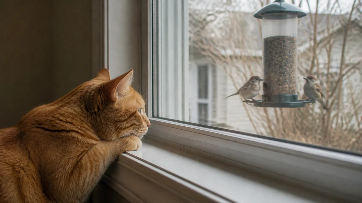 A ginger cat watches birds through a closed window.