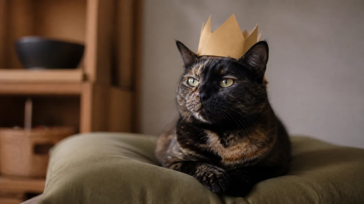 A tortoiseshell cat wears a plain paper crown on a cushion.