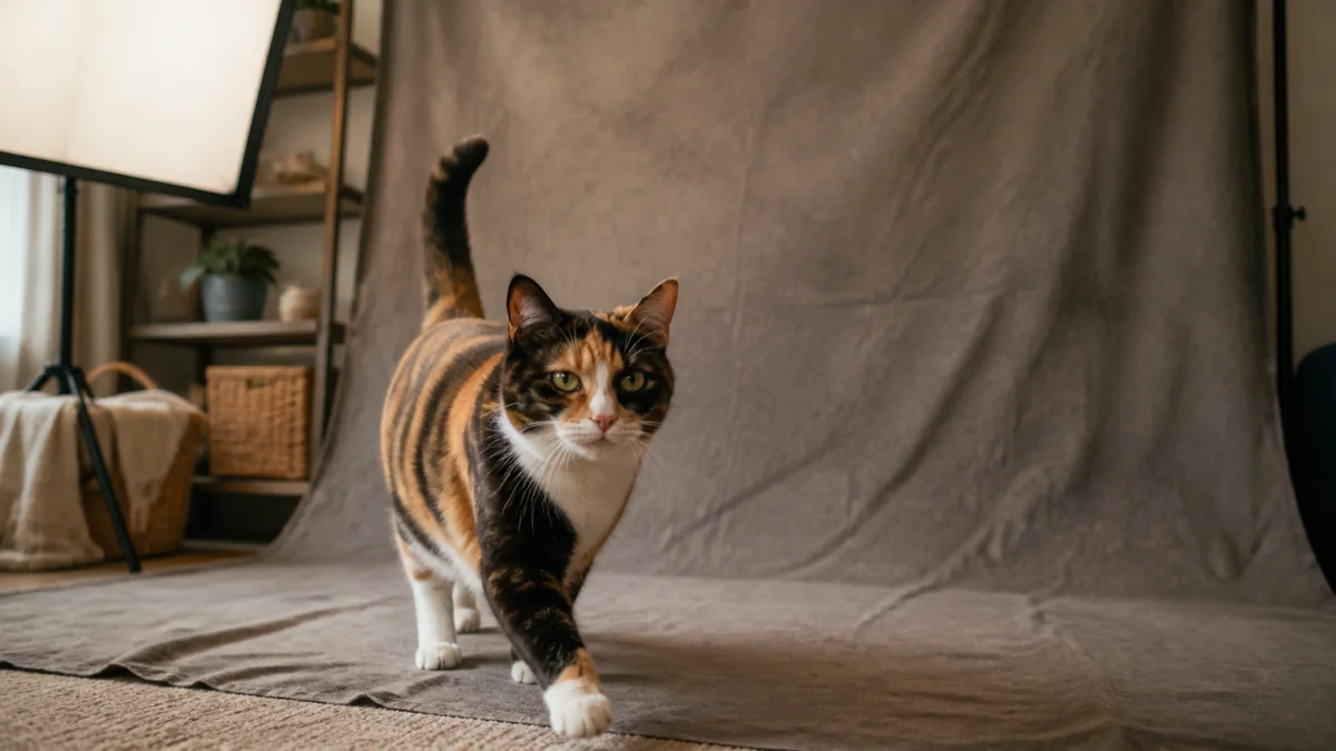 A confident calico enters a cozy pet portrait setup.