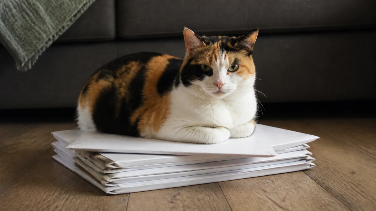 A calico cat sits on a pile of plain unopened mail.
