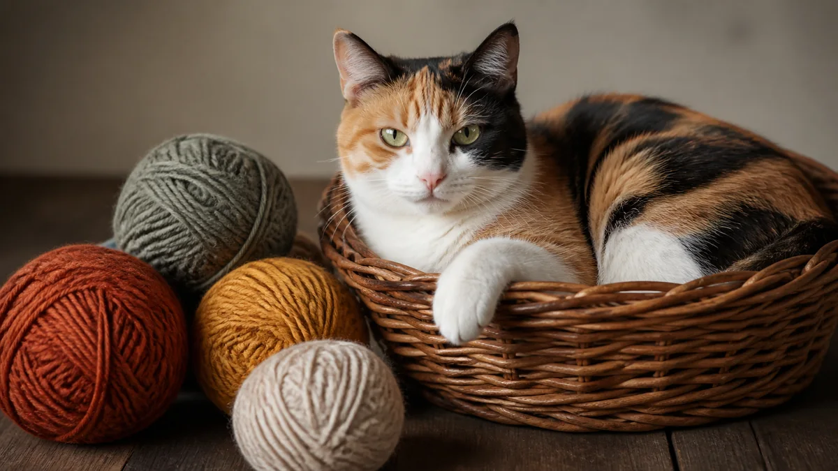 A calico cat rests safely beside large balls of yarn in a basket.
