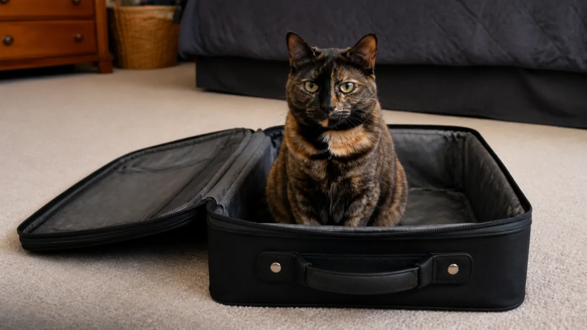 A tortoiseshell cat occupies an open suitcase on the floor.