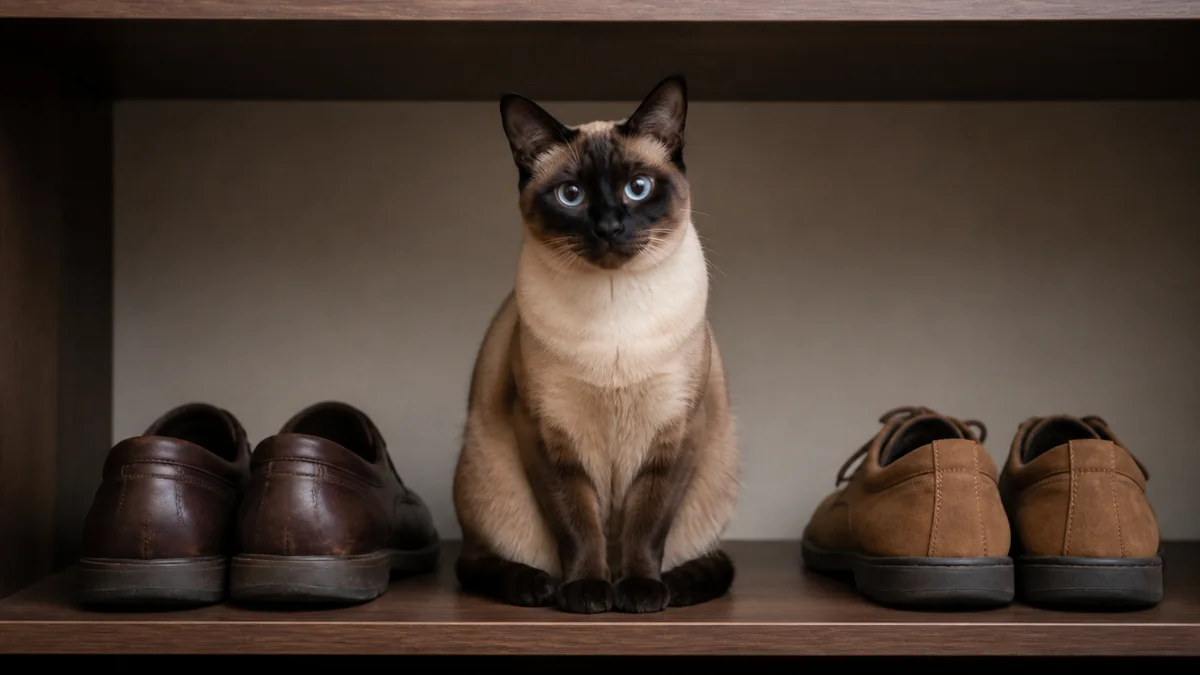 A Siamese cat sits on a closet shelf between plain shoes.