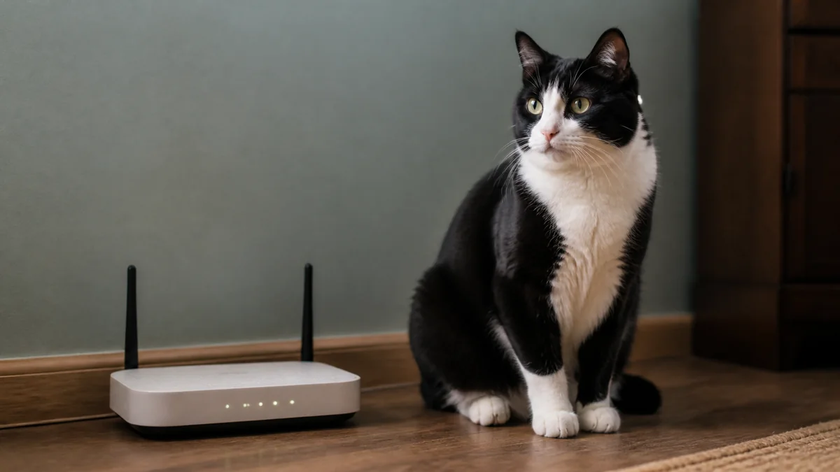 A tuxedo cat guards a small home router from beside it.
