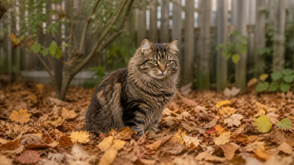 A fluffy tabby sits in dry autumn leaves in a fenced garden.