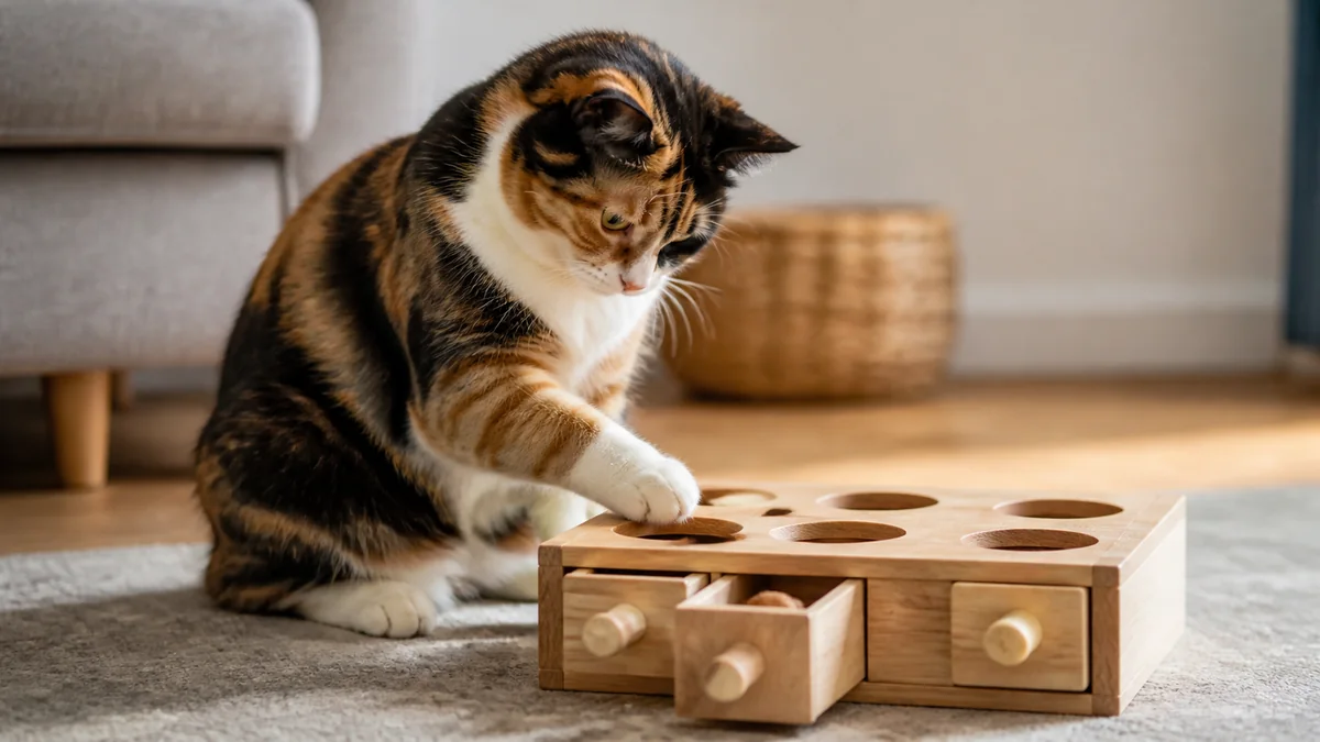 A calico cat investigates a wooden treat puzzle box.