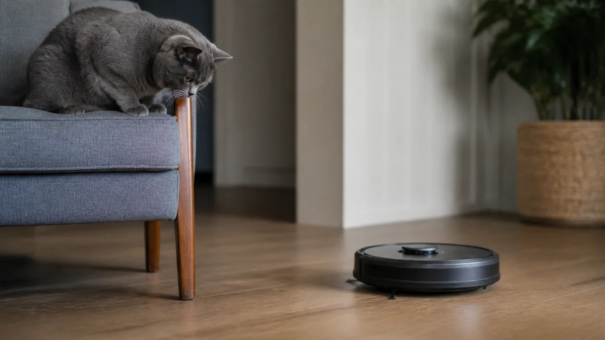 A blue-gray cat watches a robot vacuum from the safety of a chair.