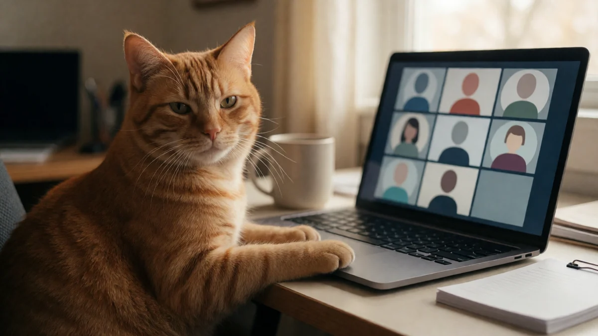 A tired orange tabby sits at a laptop displaying generic avatar tiles during a remote meeting.