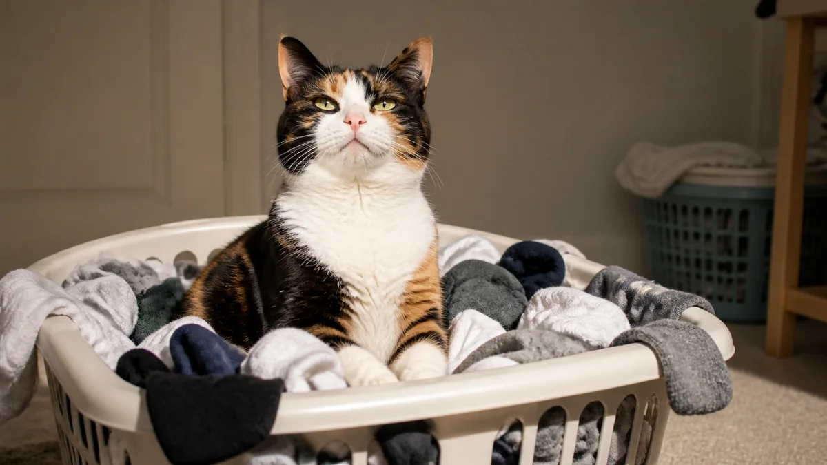 A calico cat sits in a basket of clean mismatched socks.