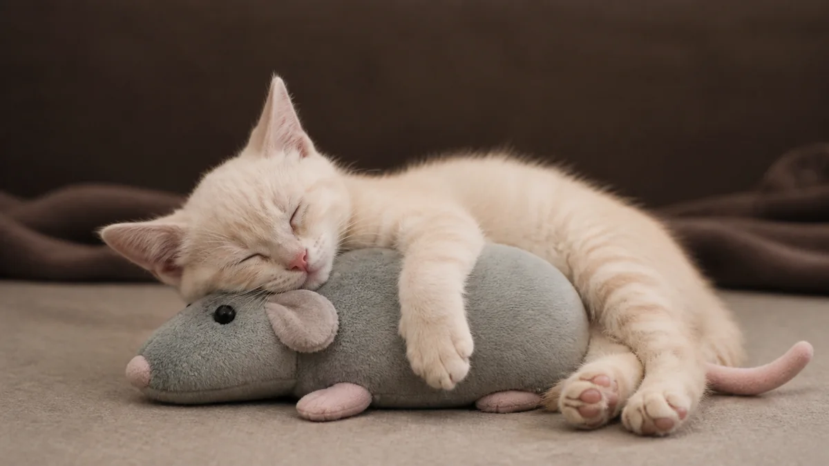 A cream kitten sleeps while hugging a plush mouse toy.