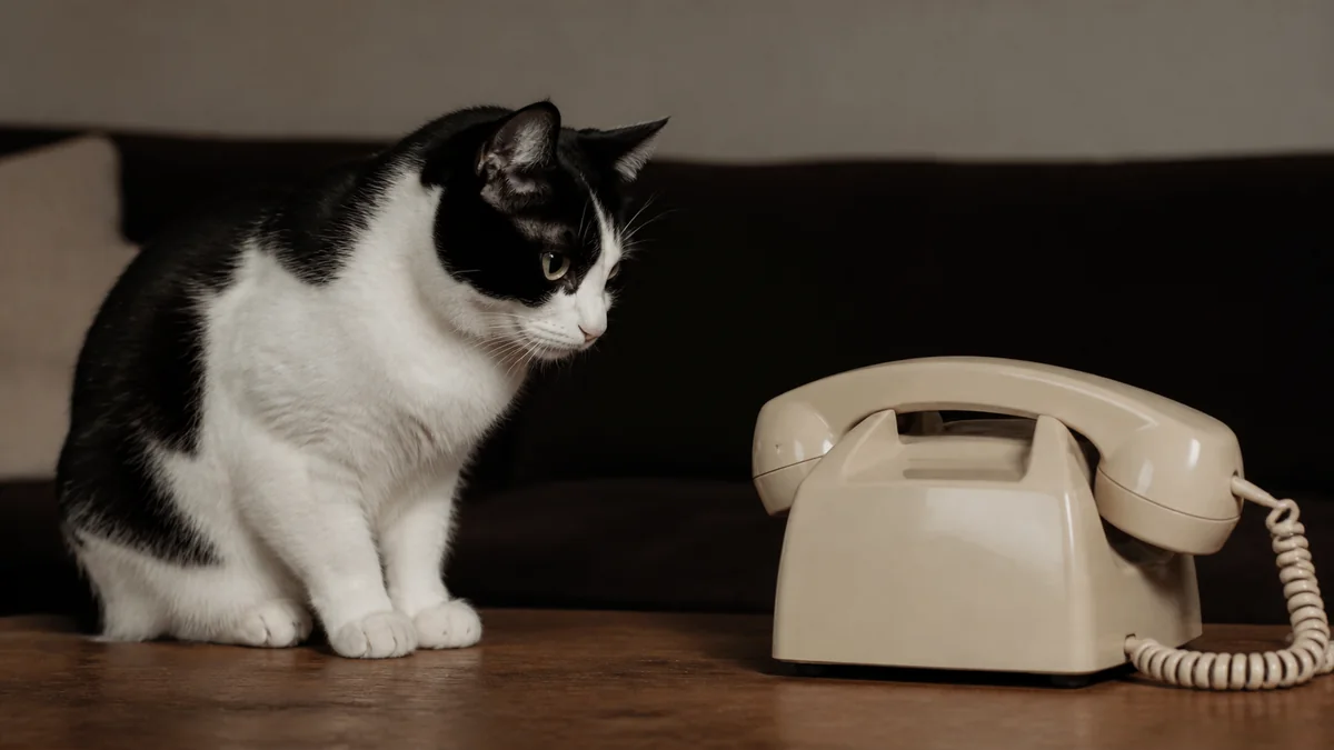A black-and-white cat stares at a plain vintage telephone.