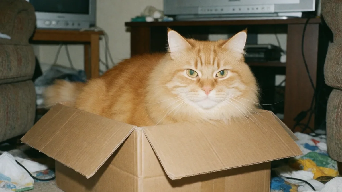 A large fluffy ginger cat sits contentedly in a cardboard box far too small for it.