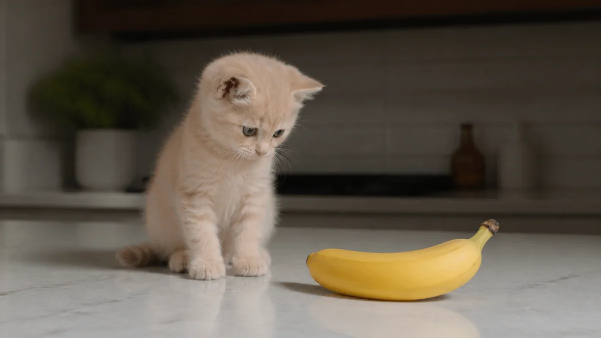 A small cream kitten sits beside a banana on a clean counter.