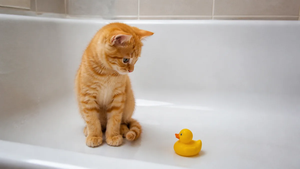 An orange kitten sits in a dry bathtub beside a yellow rubber duck.
