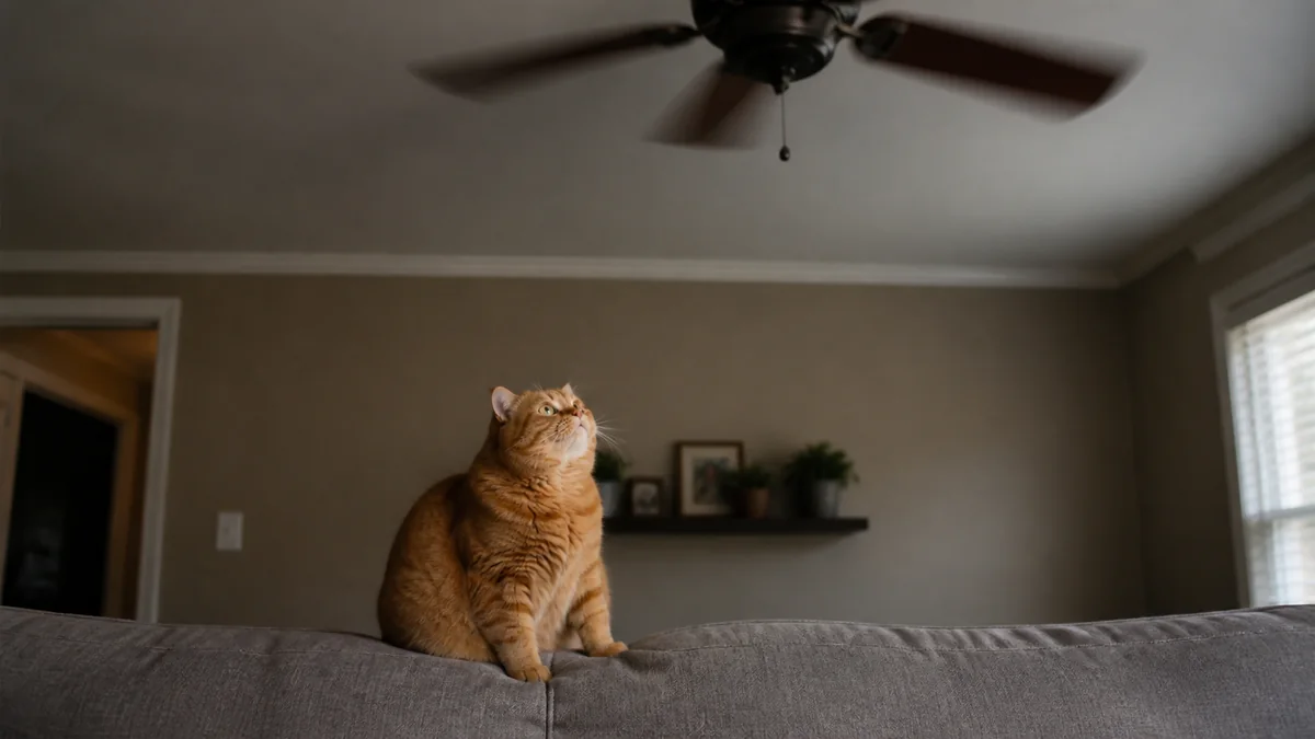 An orange cat on a sofa watches a ceiling fan.
