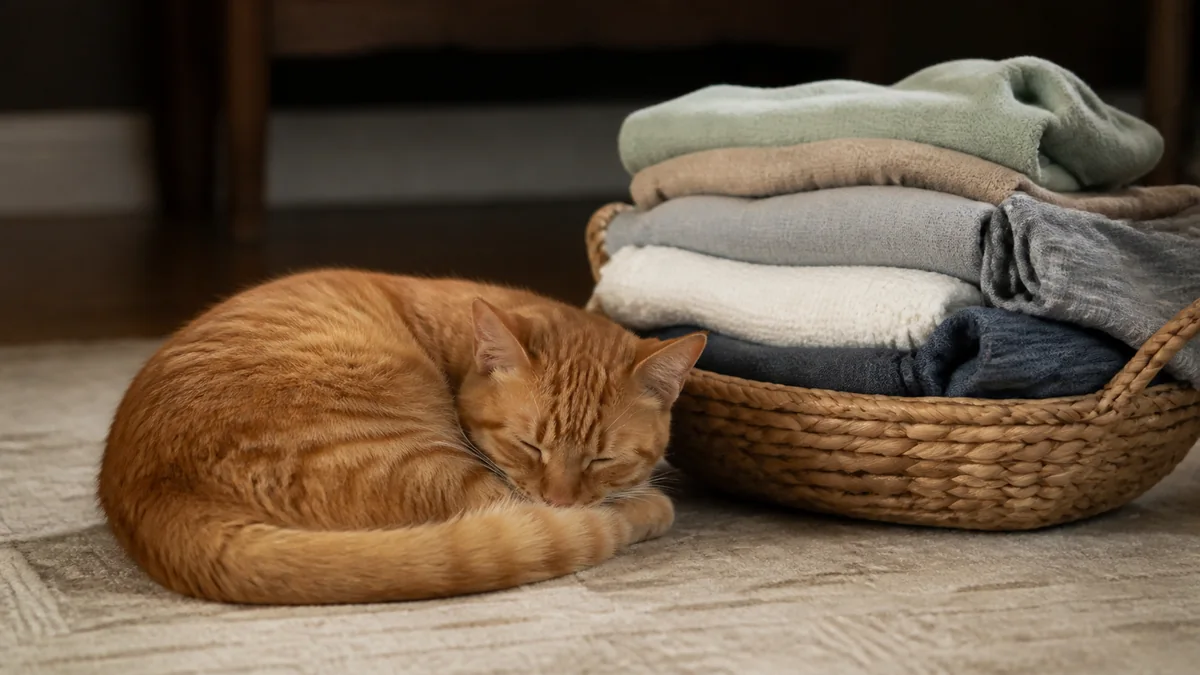 A sleepy orange cat curls beside a basket of warm clean laundry.