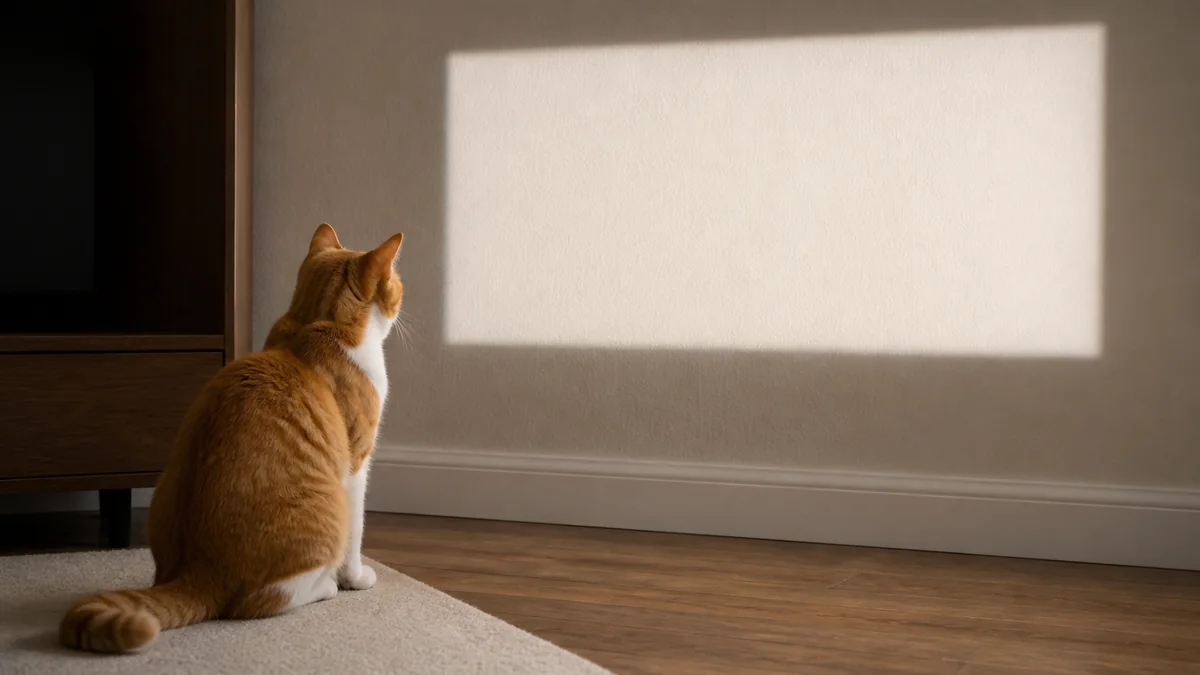 An orange-and-white cat watches blank projector light on a wall.