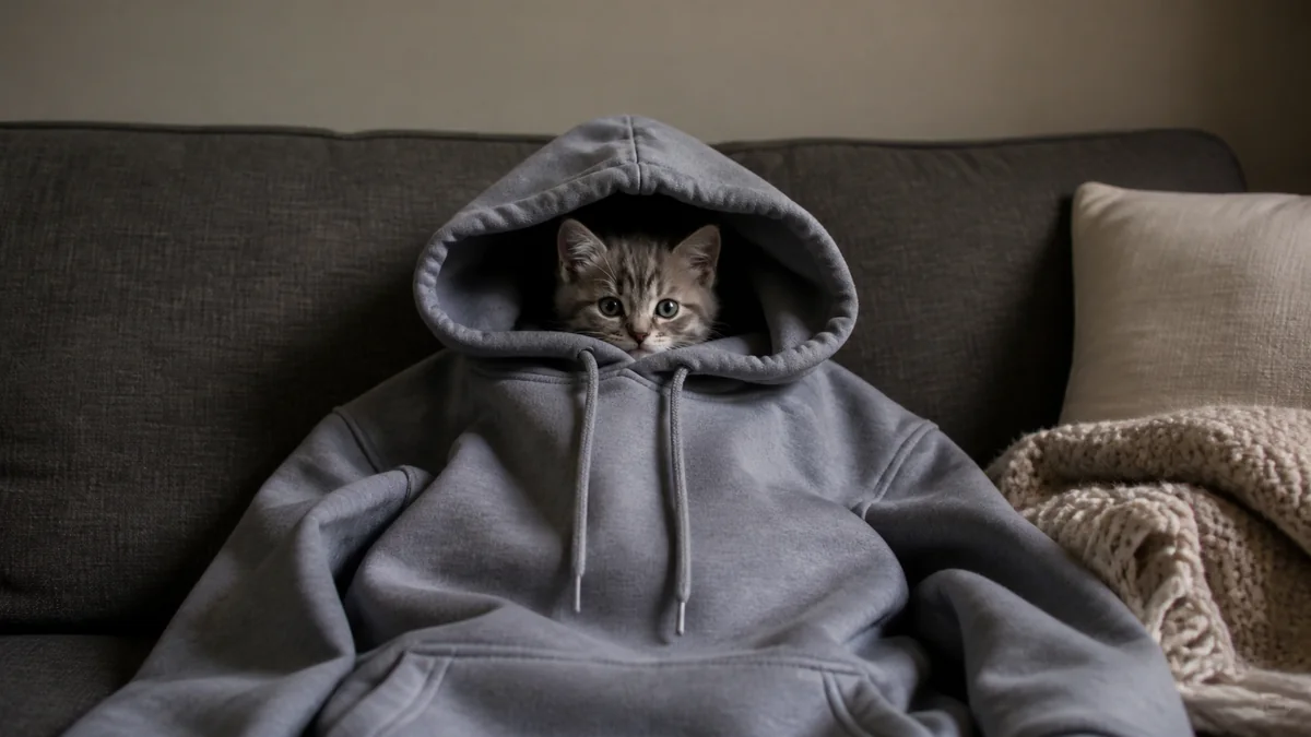 A gray kitten peeks from the hood of an empty hoodie on a sofa.