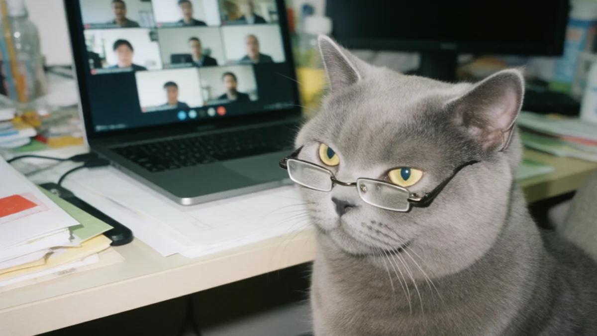 An unimpressed gray cat in tiny glasses sits at a cluttered desk before a laptop.