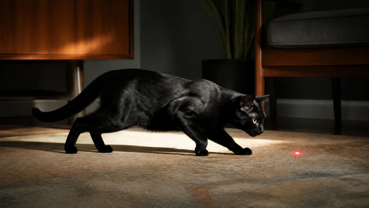 A black cat crouches on a rug and watches a red laser dot.
