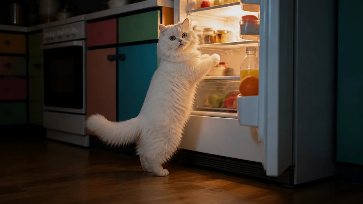 A fluffy white cat reaches toward a shelf in an open refrigerator.