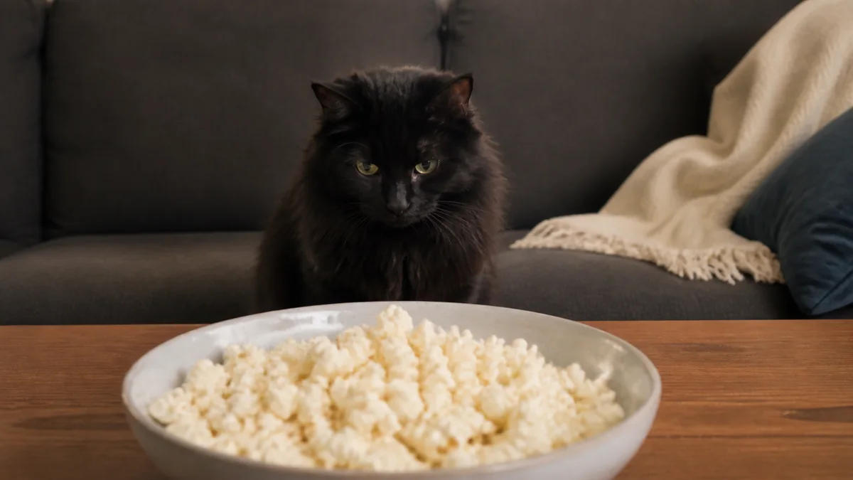 A fluffy black cat watches a bowl of popcorn across a table.