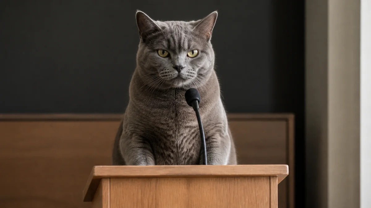 A serious gray cat stands behind a small wooden podium.