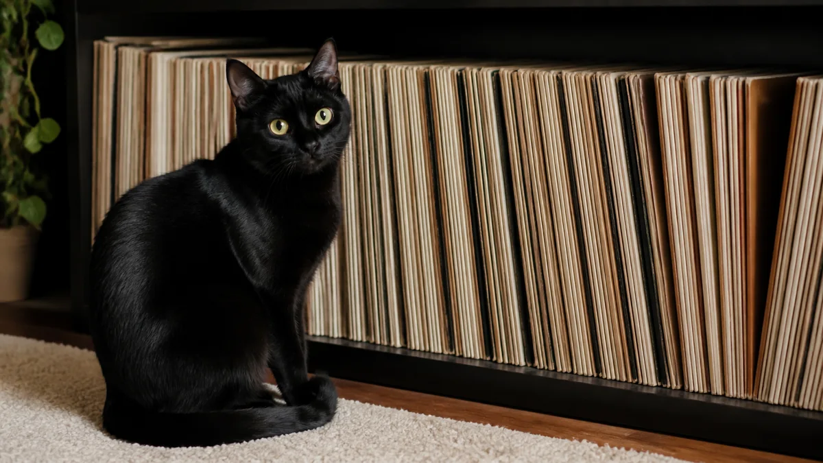 A black cat sits among unlabelled record sleeves.