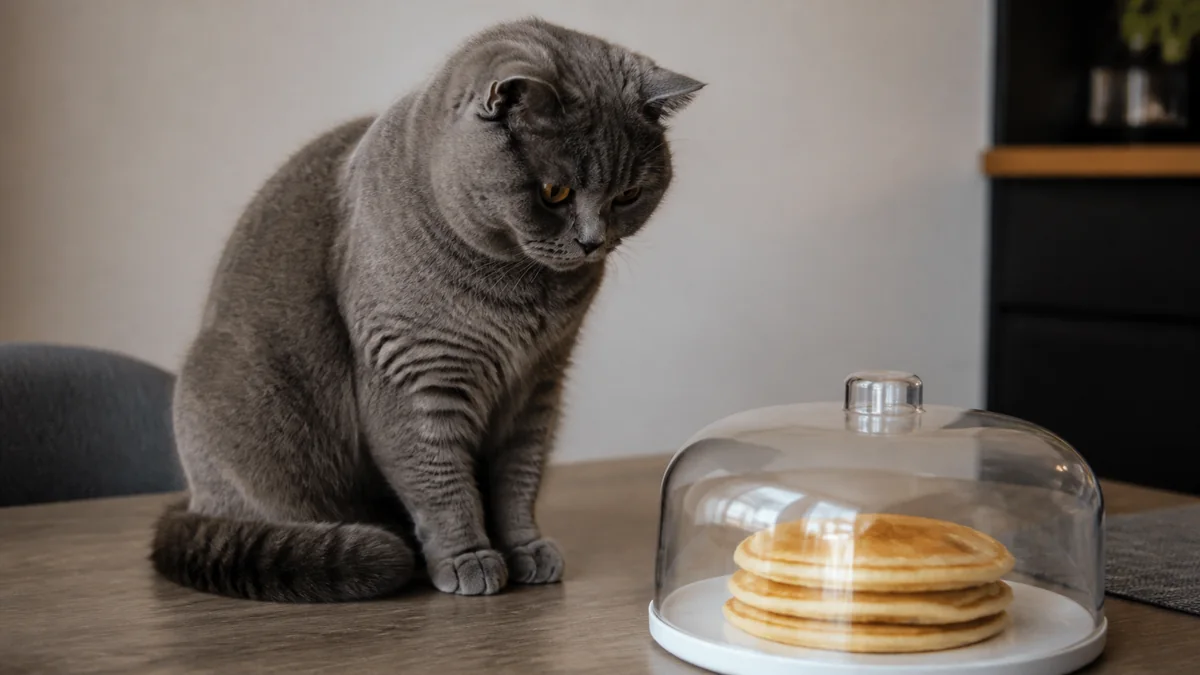 A chubby gray cat guards pancakes beneath a clear cover.