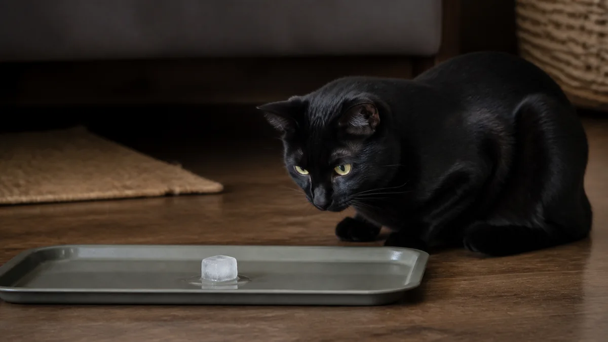 A black cat watches an ice cube melt on a shallow tray.