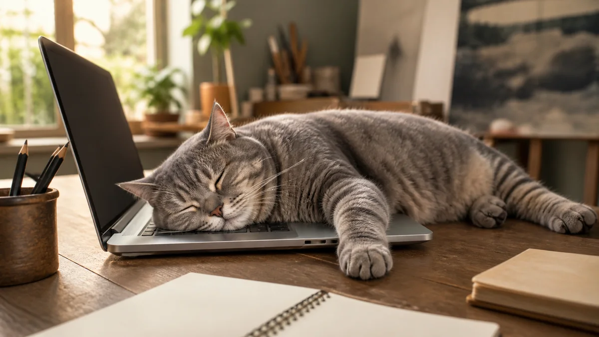 A gray tabby sleeps across an open laptop on a tidy desk.